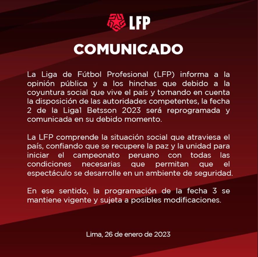 Liga de Fútbol Profesional comunicó que fecha 3 del Apertura está sujeta a cambios. (Liga 1)