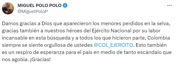 Miguel Polo Polo felicitó al Ejército por encontrar a los niños