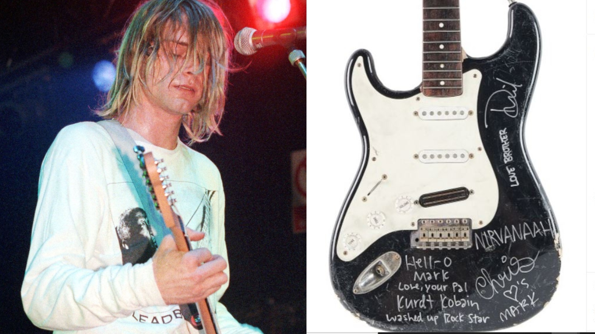 La guitarra que destrozó el cantante es de la marca Fender Stratocaster y fue rota a principios de los noventa.