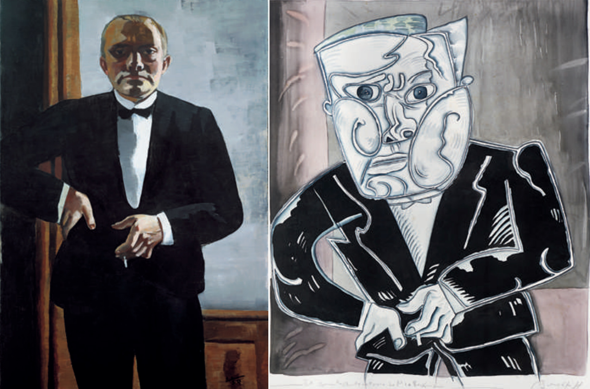 "Autorretrato con esmoquin" (1927) de Max Beckmann y "El quinto autorreatrato de Max Beckmann" (1988) 