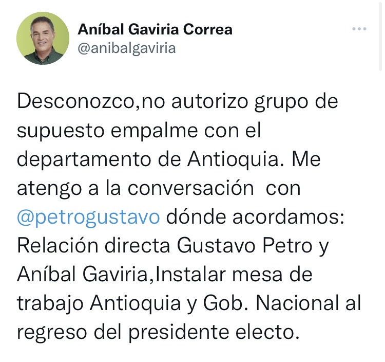 Twitter de Anibal Gaviria, gobernador de Antioquia