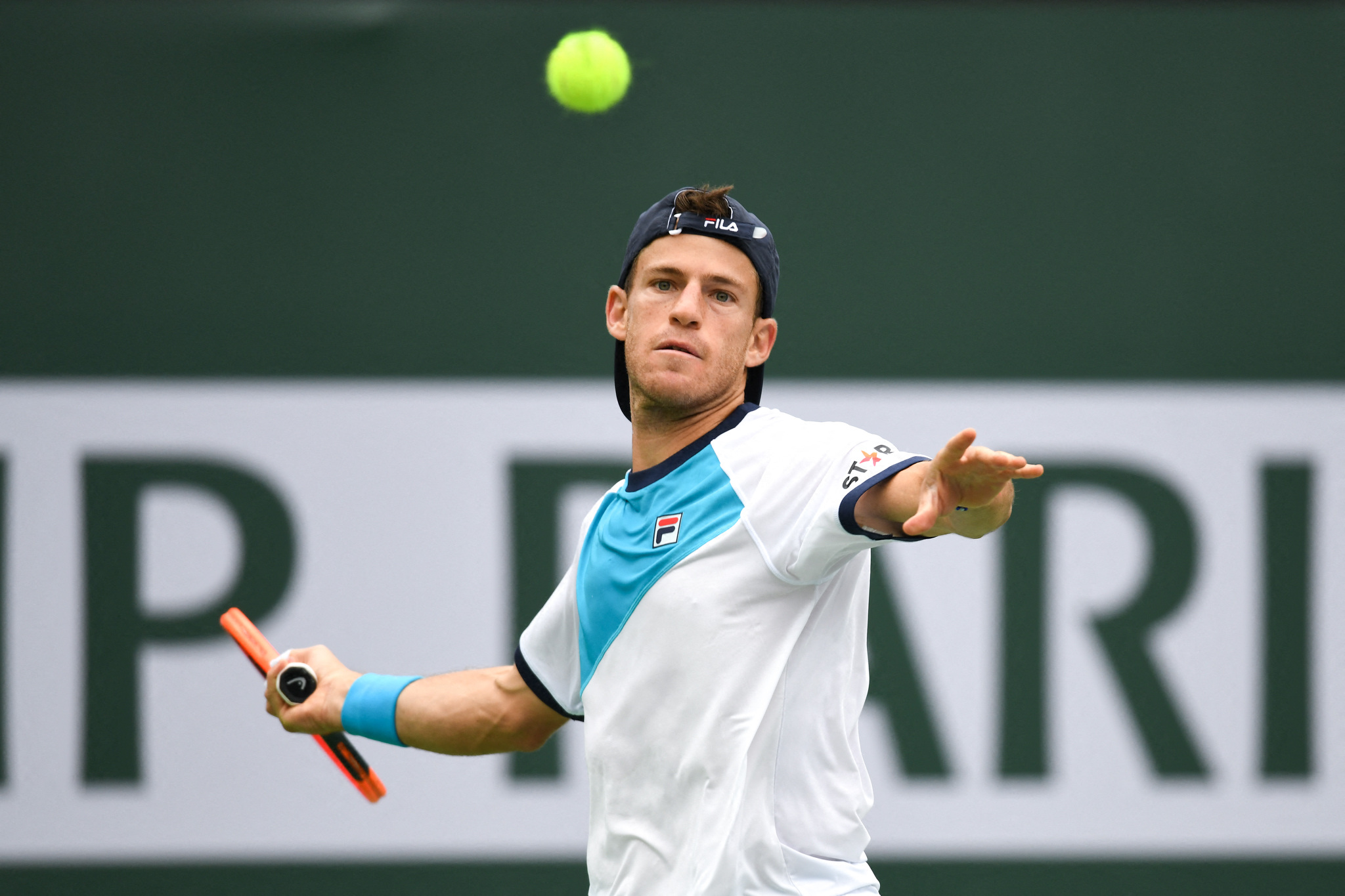 Mar 10, 2023; Indian Wells, CA, USA; Diego Schwartzman (ARG) hits a forehand during his 2nd round match against  Casper RUUD (NOR) (not pictured) during the BNP Paribas Open at Indian Wells Tennis Garden. Mandatory Credit: Jonathan Hui-USA TODAY Sports