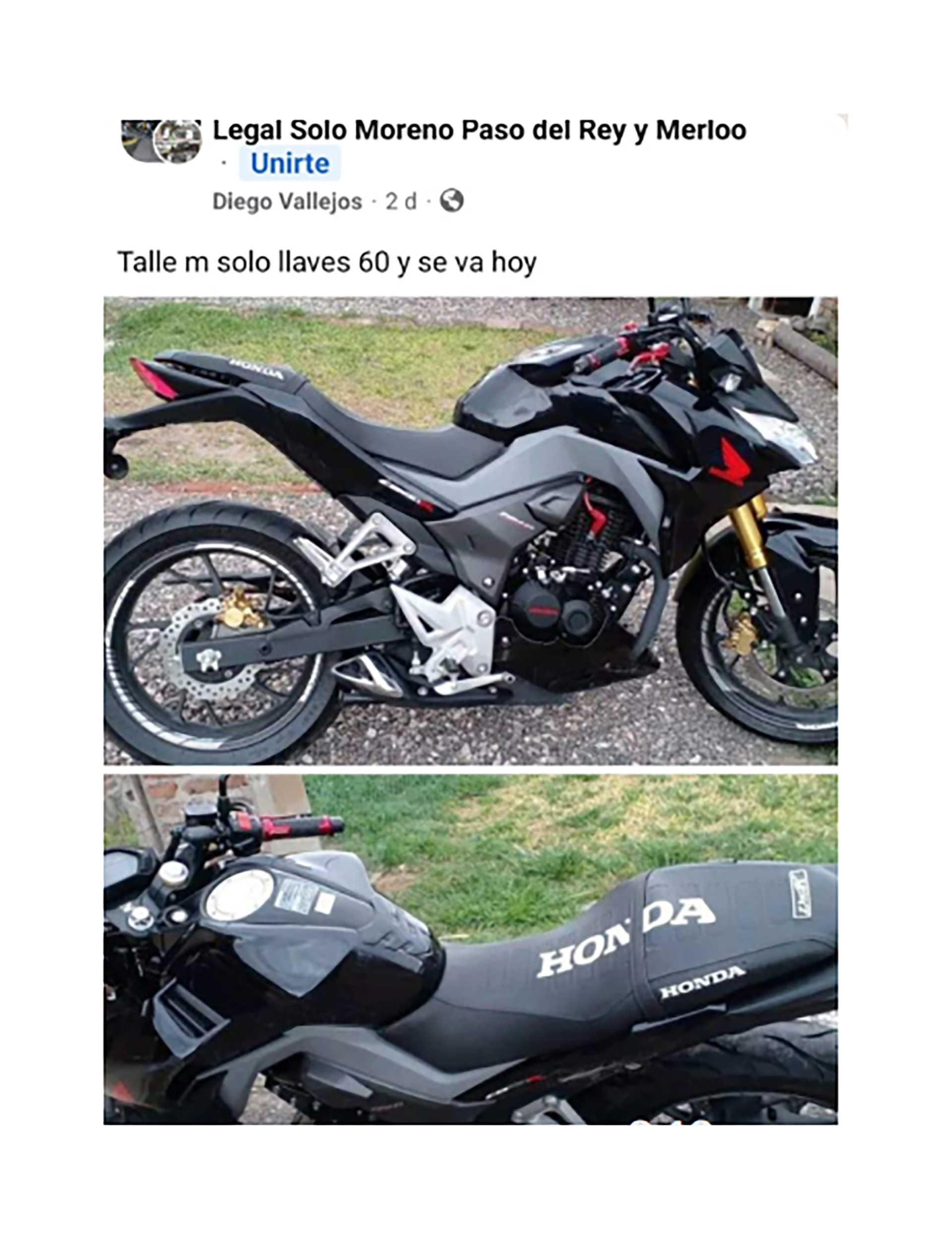Uno de los tantos avisos en Facebook donde se venden motos robadas
