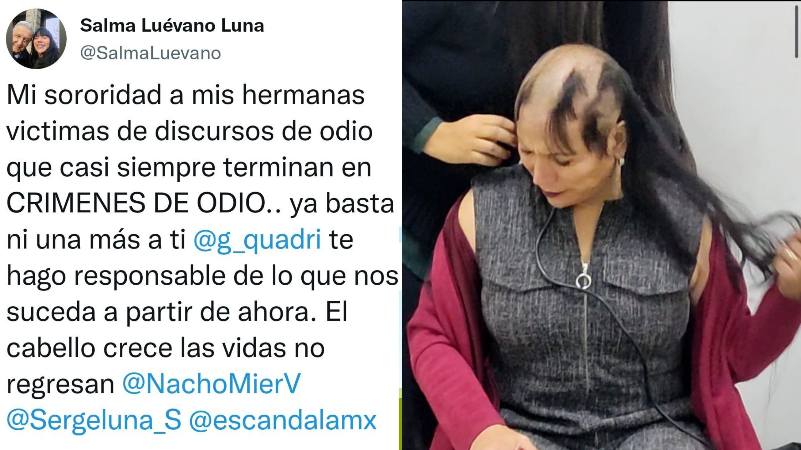 Salma Luévano se rapó en protesta de comentarios transfóbicos de Gabriel Quadri (Fotos: Twitter/ @SalmaLuévano)