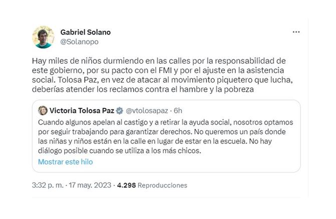 El diputado del Frente de Izquierda, Gabriel Solano, criticó a la ministra de Desarrollo Social, Victoria Tolosa Paz