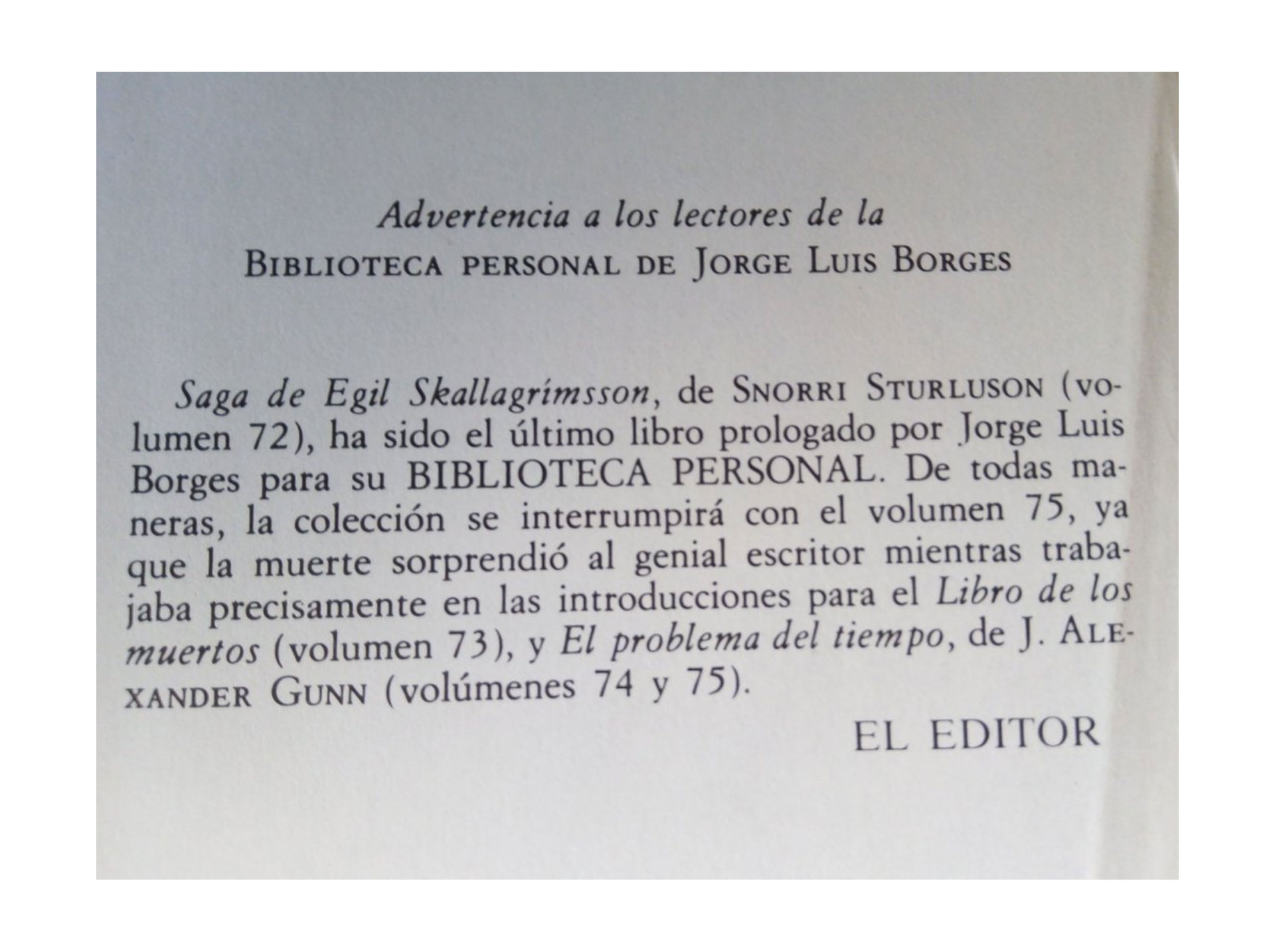 La nota del editor en el volumen número 72 de la Biblioteca Jorge Luis Borges.