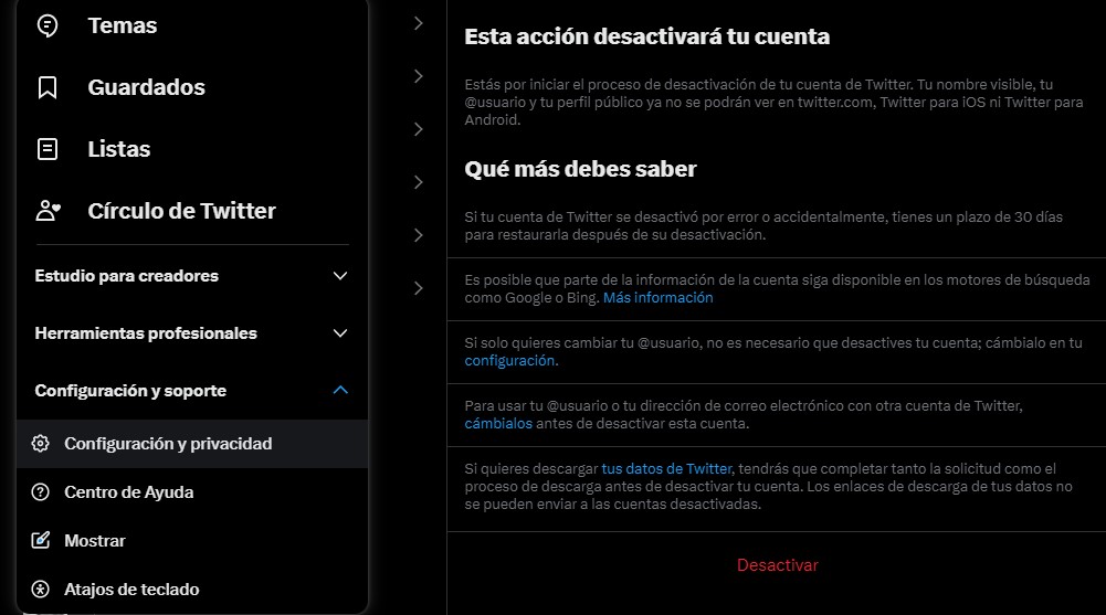 Al desactivar una cuenta de Twitter se inicia un periodo de 30 días en los que el usuario deberá decidir si mantiene su cuenta en la plataforma o permite su eliminación definitiva. (Captura)