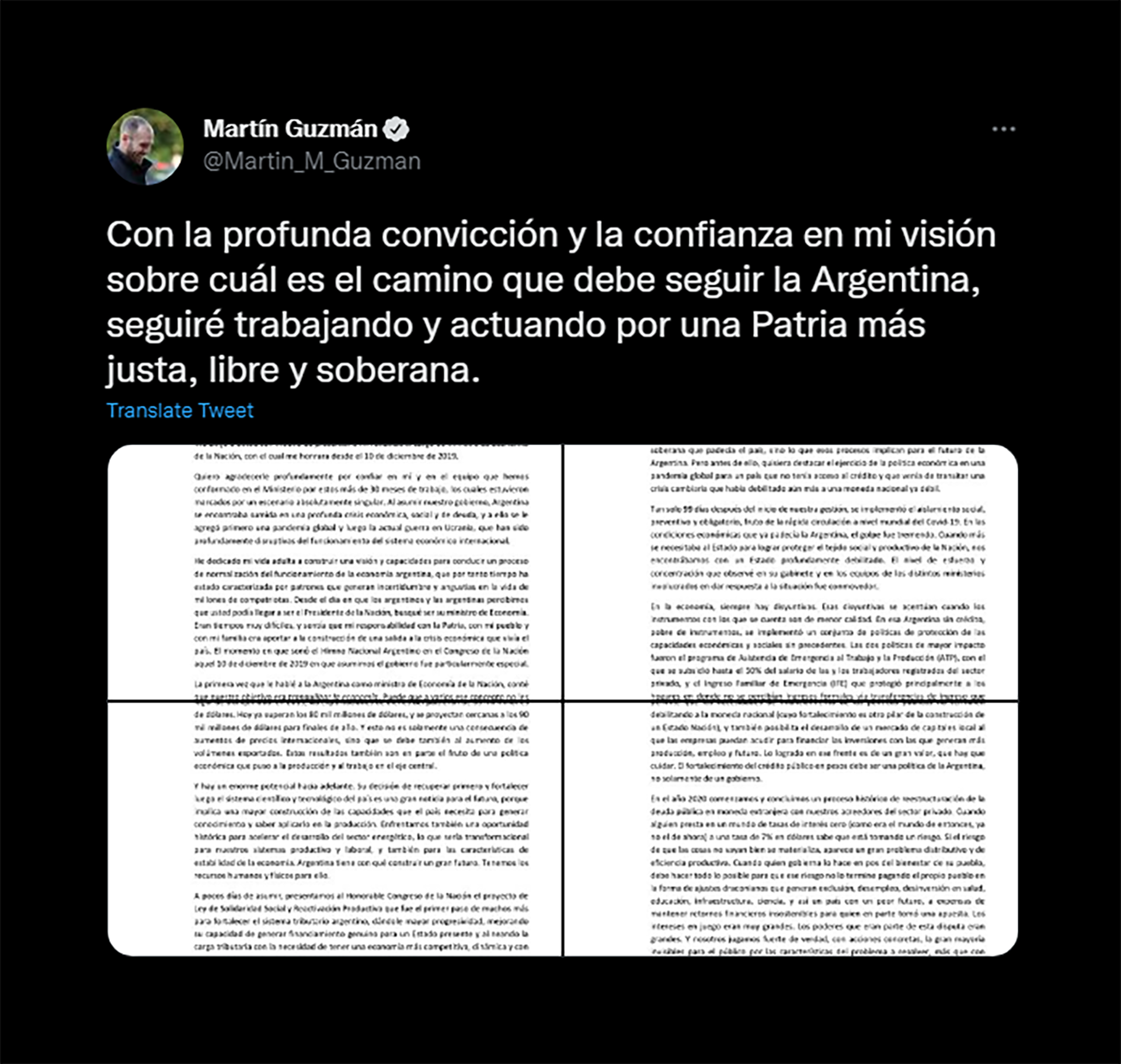 El primero de los dos tuits del posteo de Guzmán en Twitter, haciendo pública su renuncia al Ministerio de Economía 