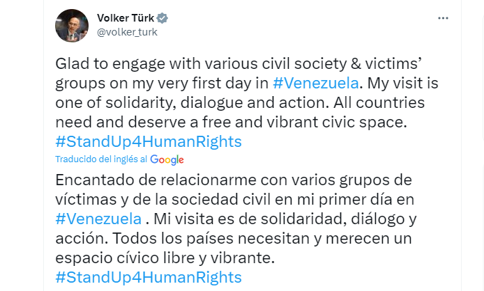 Volker Türk, se reunió este jueves con grupos de la sociedad civil y activistas defensores de derechos humanos en Venezuela y aseguró que su visita al país caribeño “es de solidaridad, diálogo y acción”. (TWITTER)