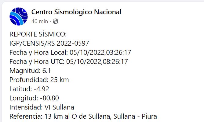 Sismo de 6.1 se sintió en Piura este miércoles 5 de octubre.