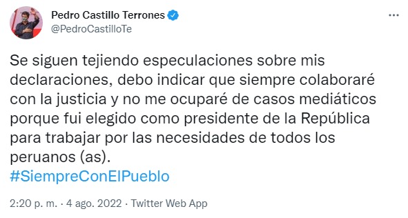 Tweet de Pedro Castillo sobre su participación en la fiscalía. (Foto: Twitter/Pedro Castillo)