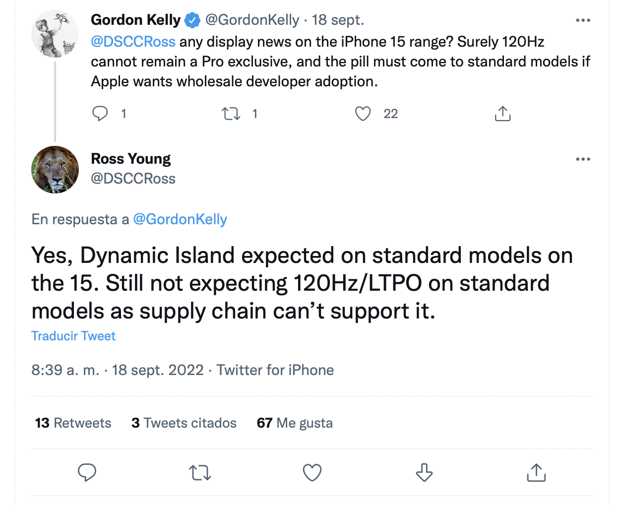 Ross Young habla sobre la Isla Dinámica en los iPhone 15. (foto: Twitter)