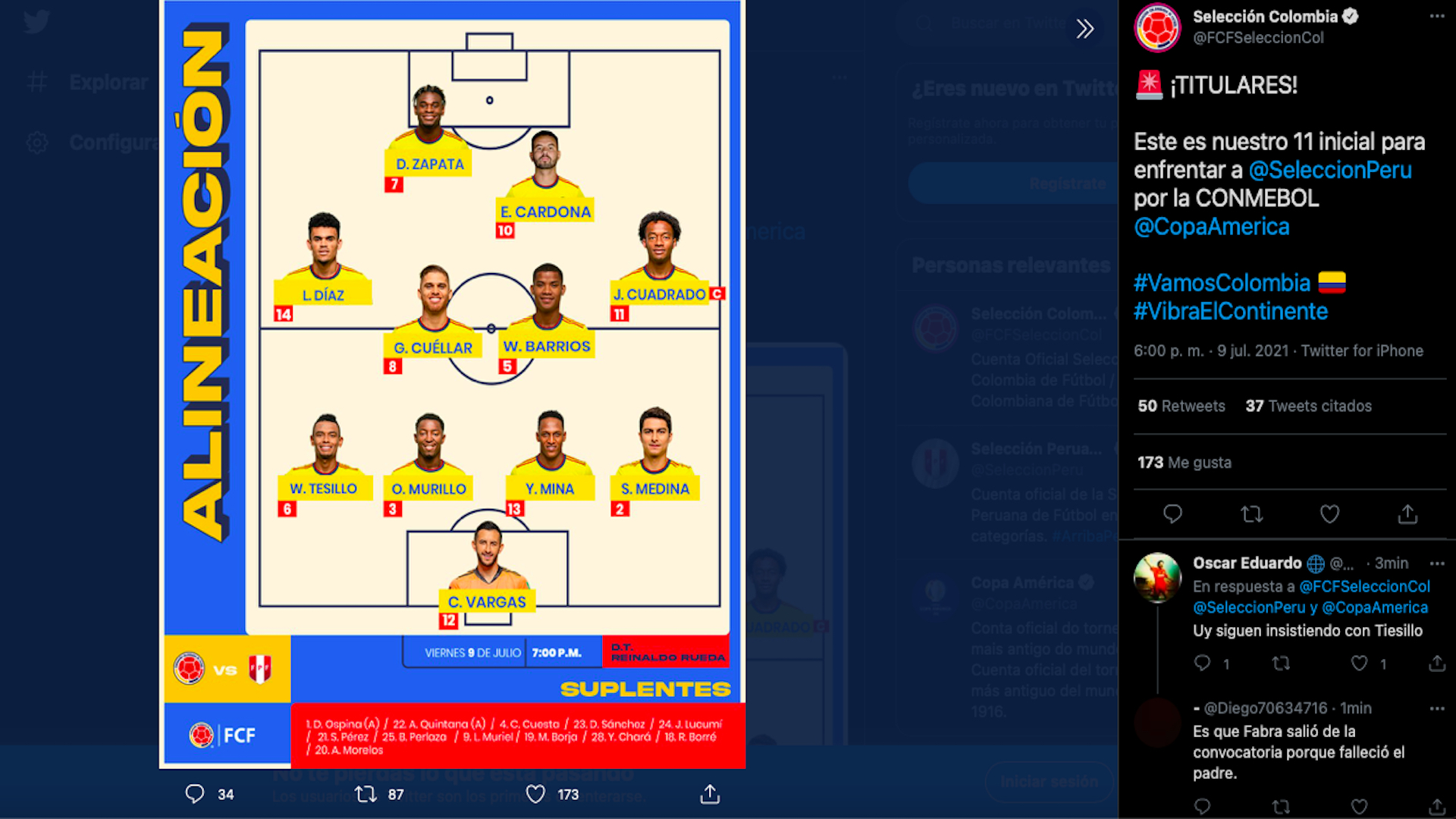 Alineación - selección Colombia, viernes 9 de julio, cuartos de final Copa América 2021 vs. Perú / (Twitter: @FCFSeleccionCol).