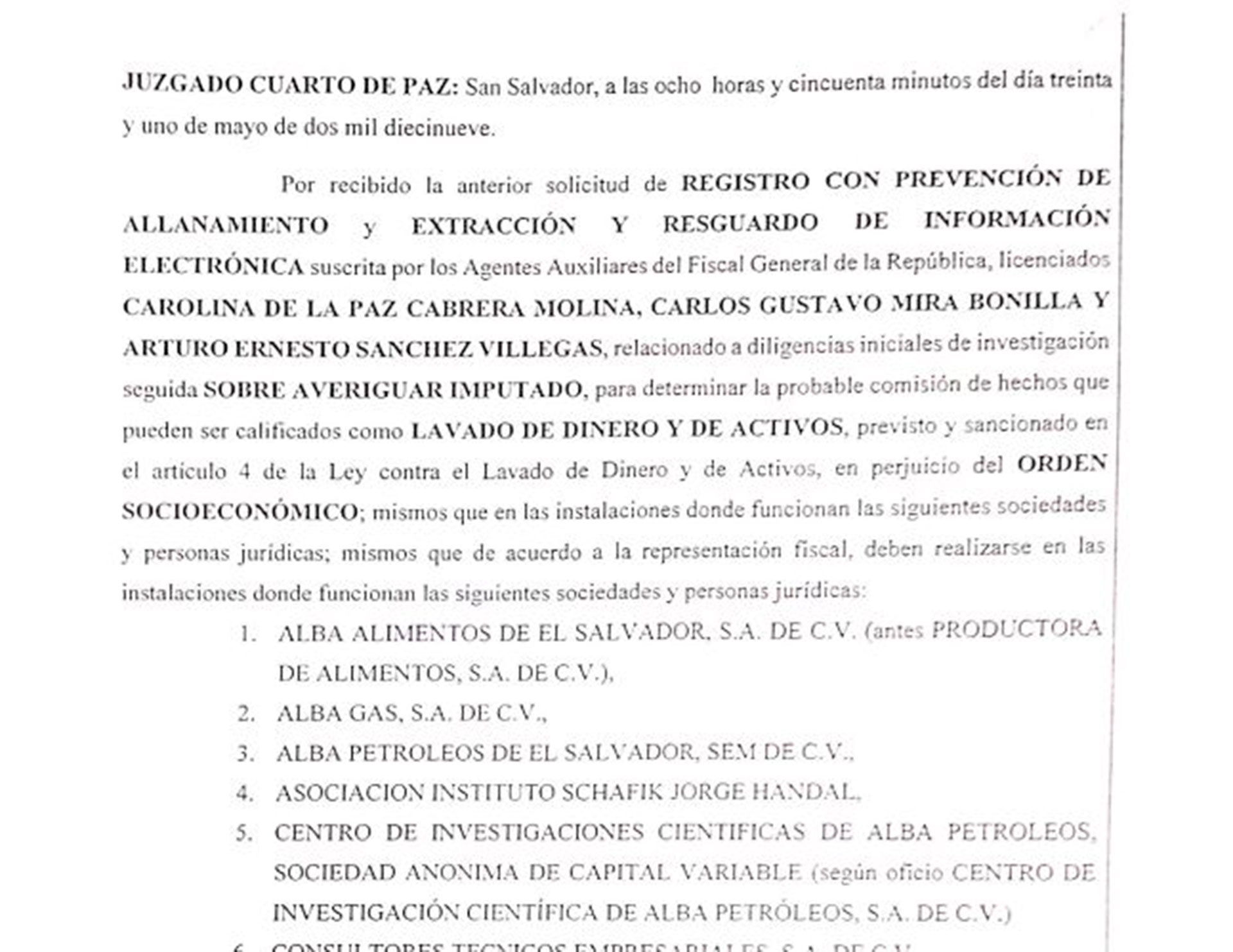 Extracto de documento judicial que autoriza allanamientos a empresas relacionadas con Alba Petróleos.