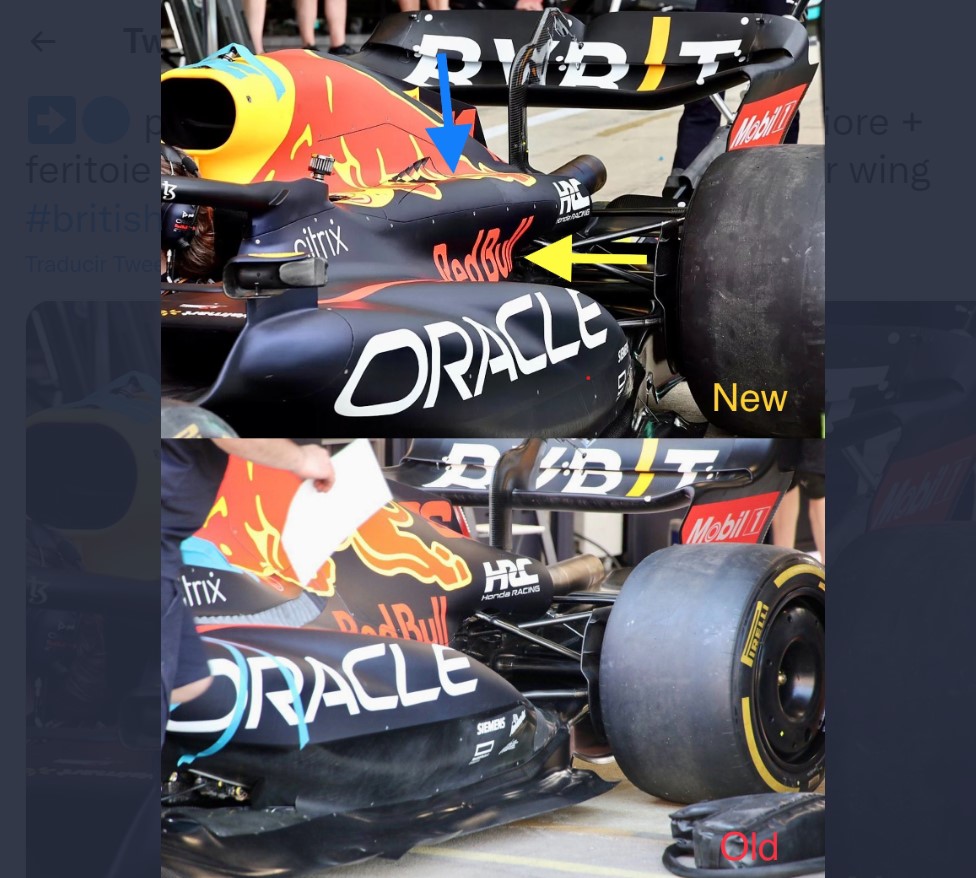 Red Bull implementará una nueva cobertura de motor a partir del GP de Gran Bretaña 2022. Arriba las nuevas modificaciones comparadas con la imagen debajo (Foto: Twitter/@DANIELEALOFAN)