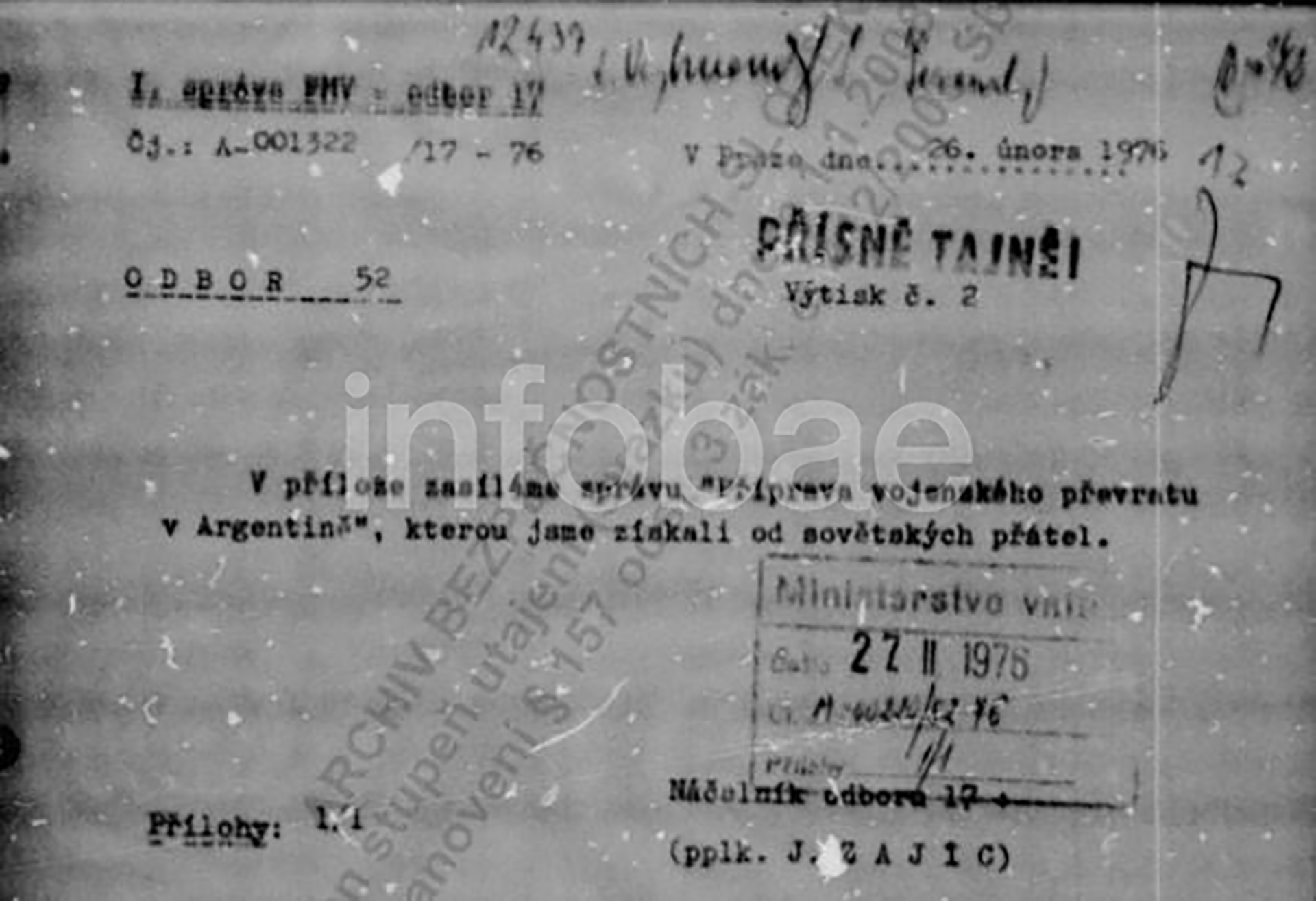 Copia de la nota que acompaña el informe soviético sobre la entrevista entre Videla y Balbín