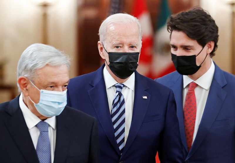 US President Joe Biden, Canadian Prime Minister Justin Trudeau and Mexican President Andrés Manuel López Obrador meet for the North American Leaders Summit (NALS) at the White House in Washington, United States, November 18, 2021. REUTERS/Jonathan Ernst