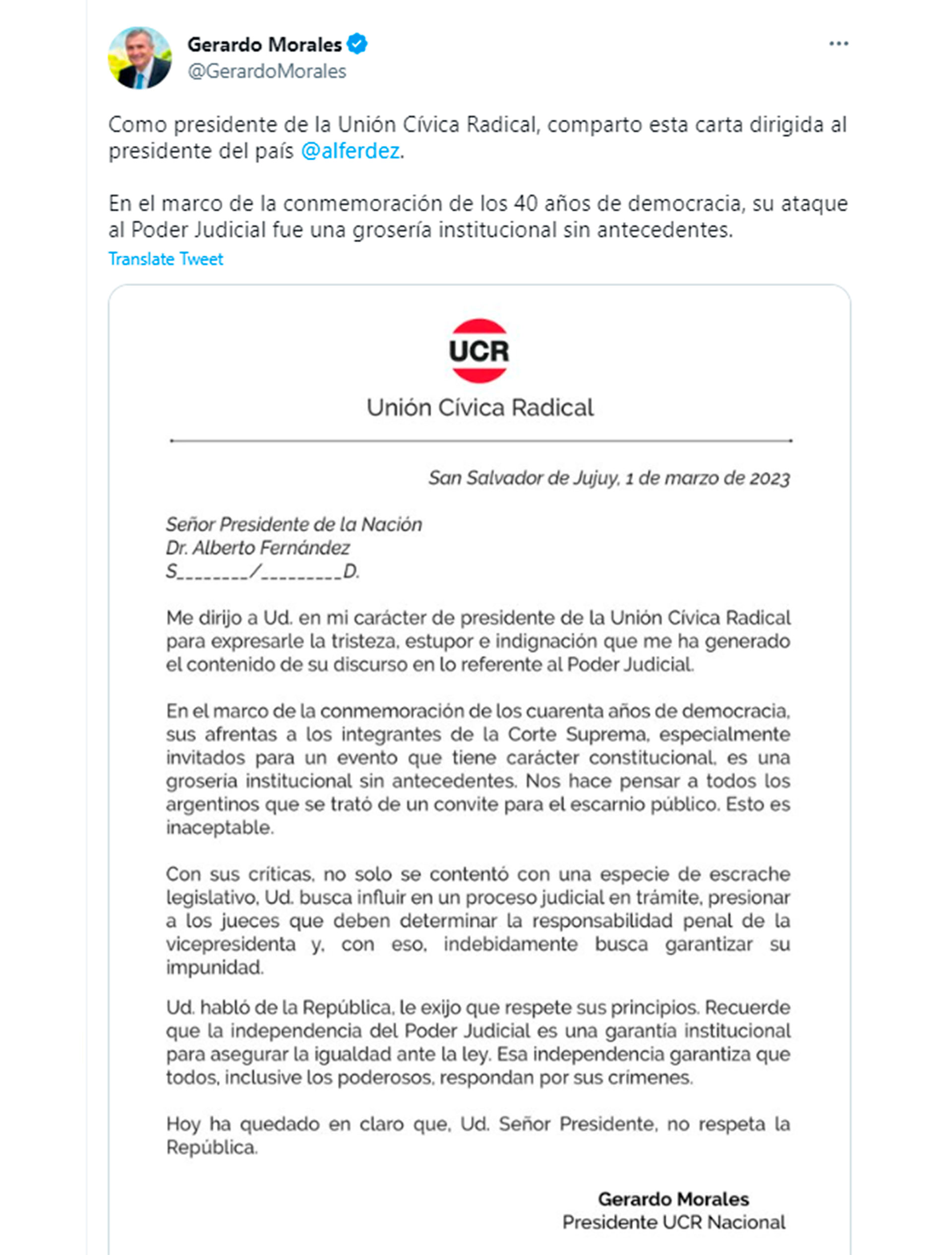 La carta del gobernador de Jujuy publicada en Twitter (@GerardoMorales)