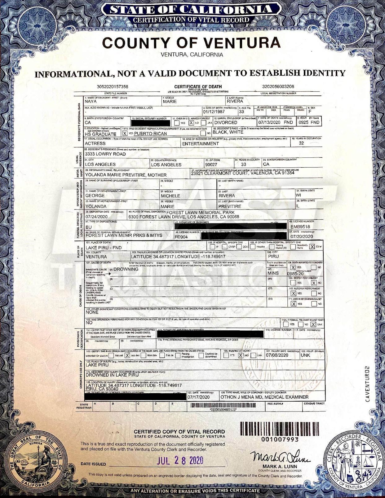 Certificado de defunción de Naya Rivera