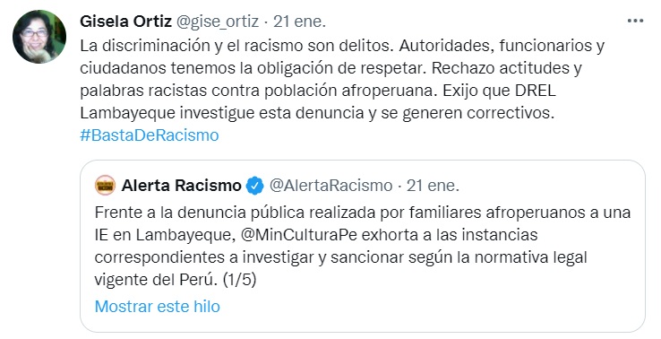 Mensaje de Gisela Ortiz, ministra de la Cultura, en su cuenta de Twitter, en contra del racismo.