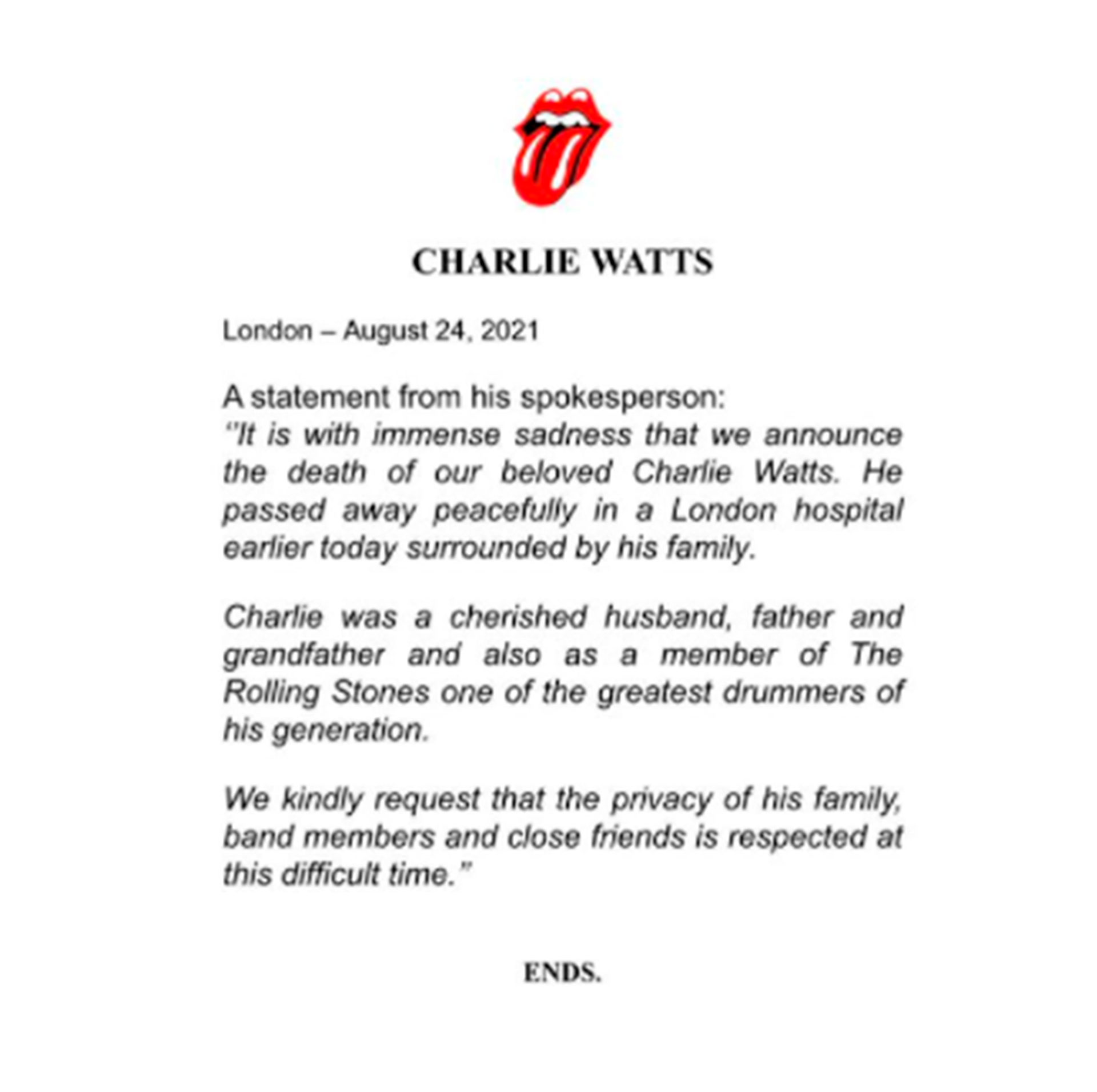 The Rolling Stones compartió el comunicado emitido por el mánager de Charlie Watts en el que se anunció su muerte (The Rolling Stones)