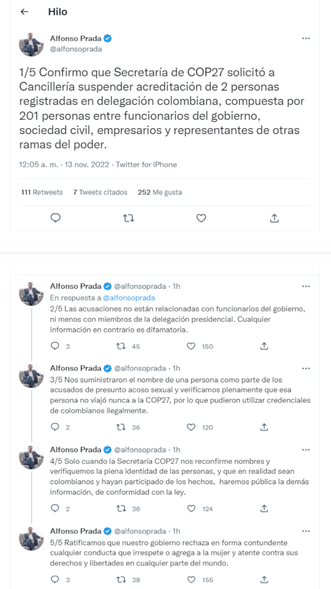 Hilo de Twitter del ministro del Interior, Alfonso Prada, quien desmintió que señalados por acoso sexual en la COP27 fueran funcionarios del Gobierno. Foto: Captura de pantalla