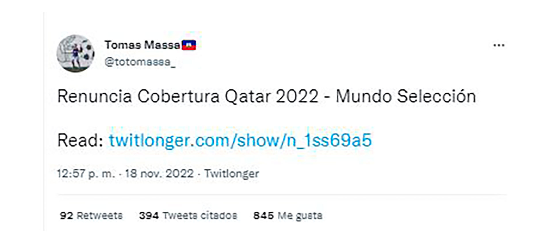 El tuit donde Tomás Massa anunció su renuncia