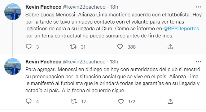 Kevin Pacheco sobre fichaje de Lucas Menossi por Alianza Lima (Twitter).