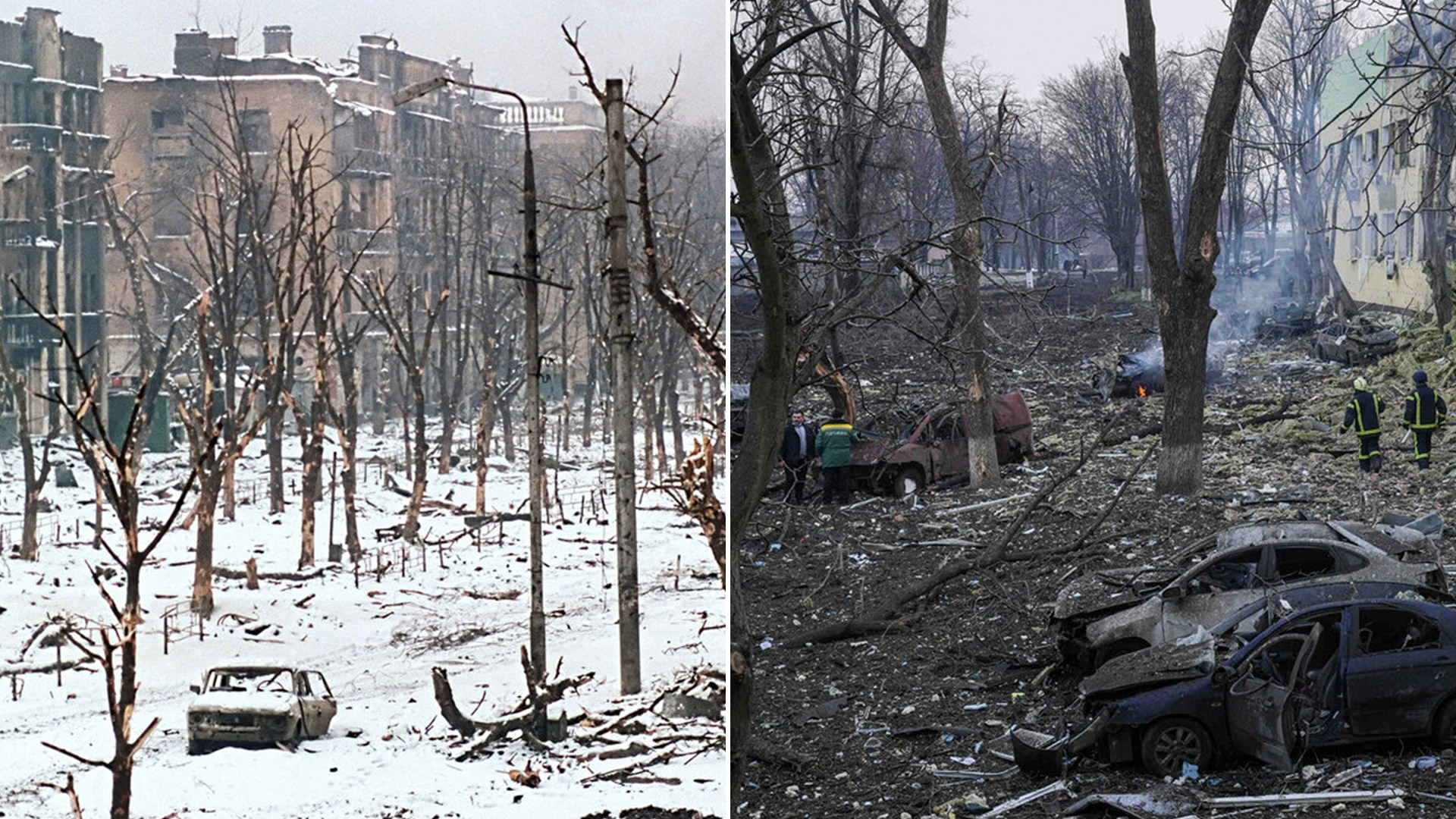 A la izquierda Grozny, Chechenia, en 1995. A la derecha, Mariupol, Ucrania este mes