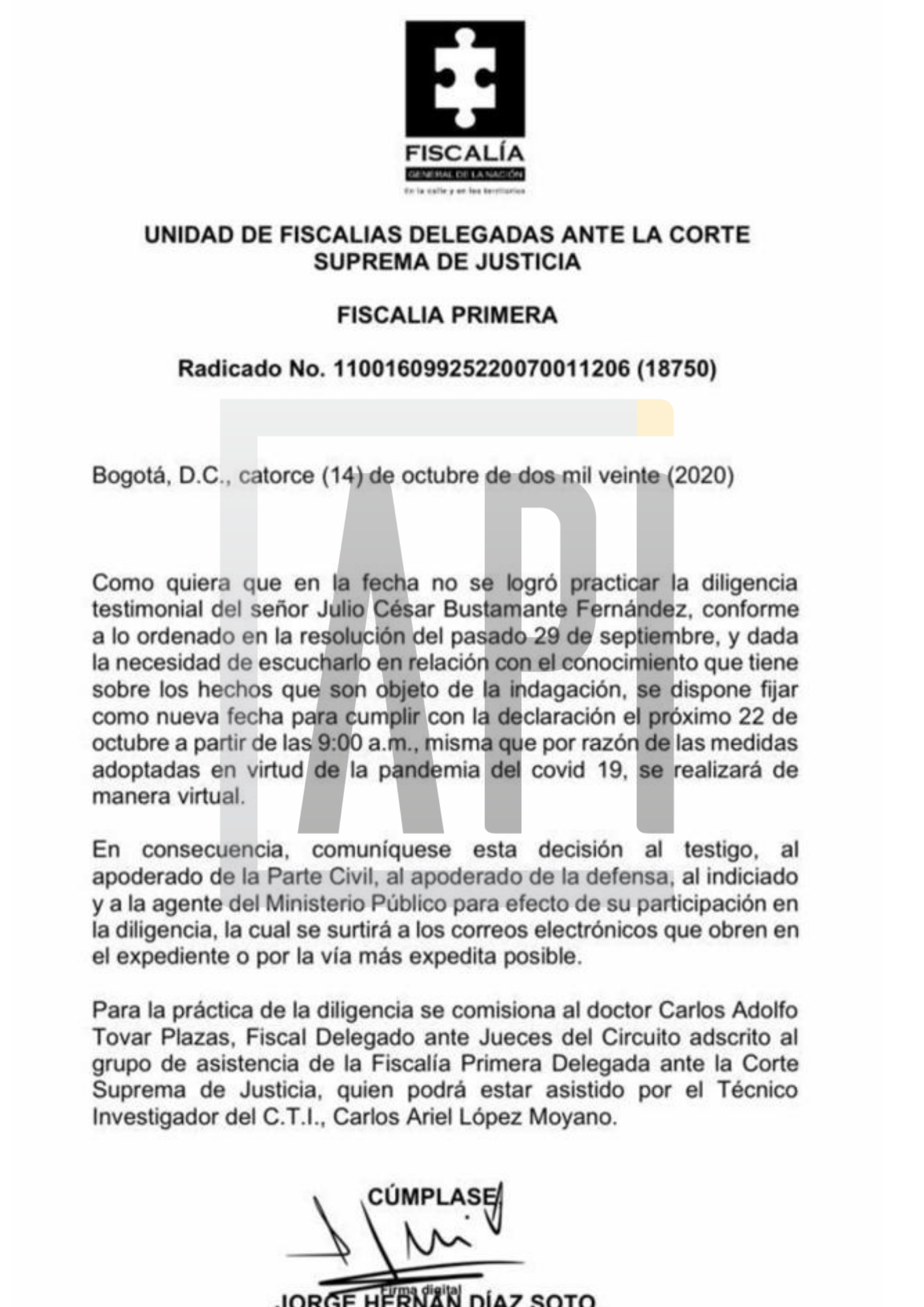 Testimonio de Julio César Bustamante en Fiscalía / (Agencia de Periodismo Investigativo - API).