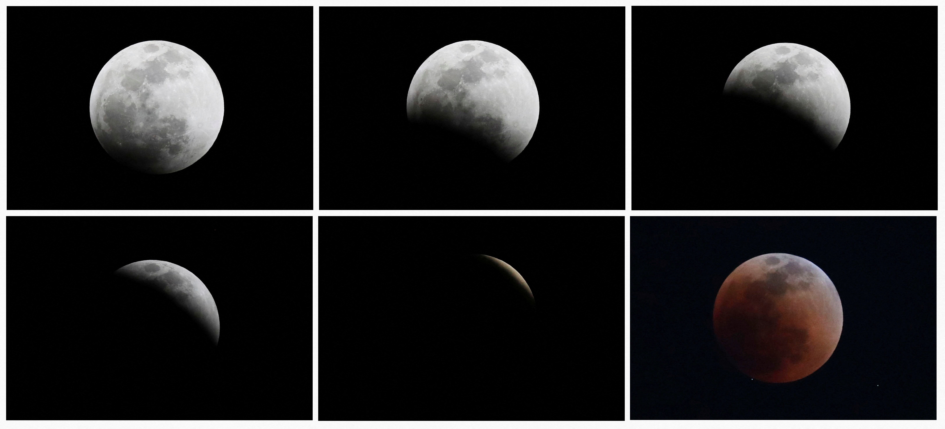 A combination photo shows the moon during a total lunar eclipse seen from Mexico City, Mexico May 15, 2022. REUTERS/Edgard Garrido