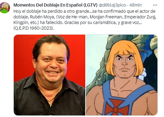 Los fans de Rubén Moya externaron su tristeza porque He-man fue un personaje icónico en su infancia (Twitter/@d0blaj3pico)