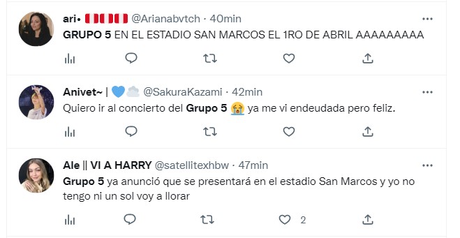 Usuarios reaccionan a anuncio de concierto del Grupo 5. (Twitter)