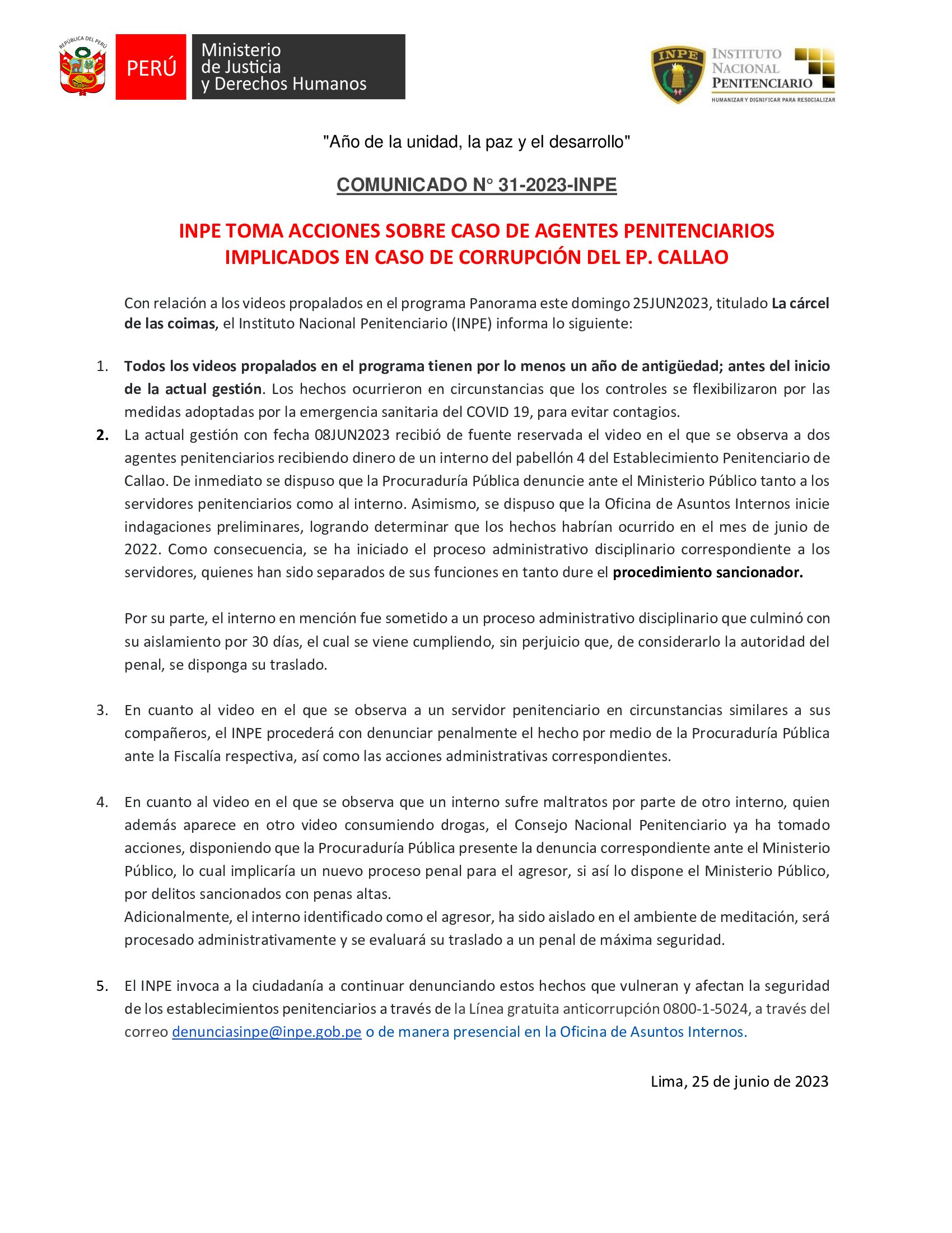 Comunicado del INPE ante caso de corrupción en el penal Sarita Colonia