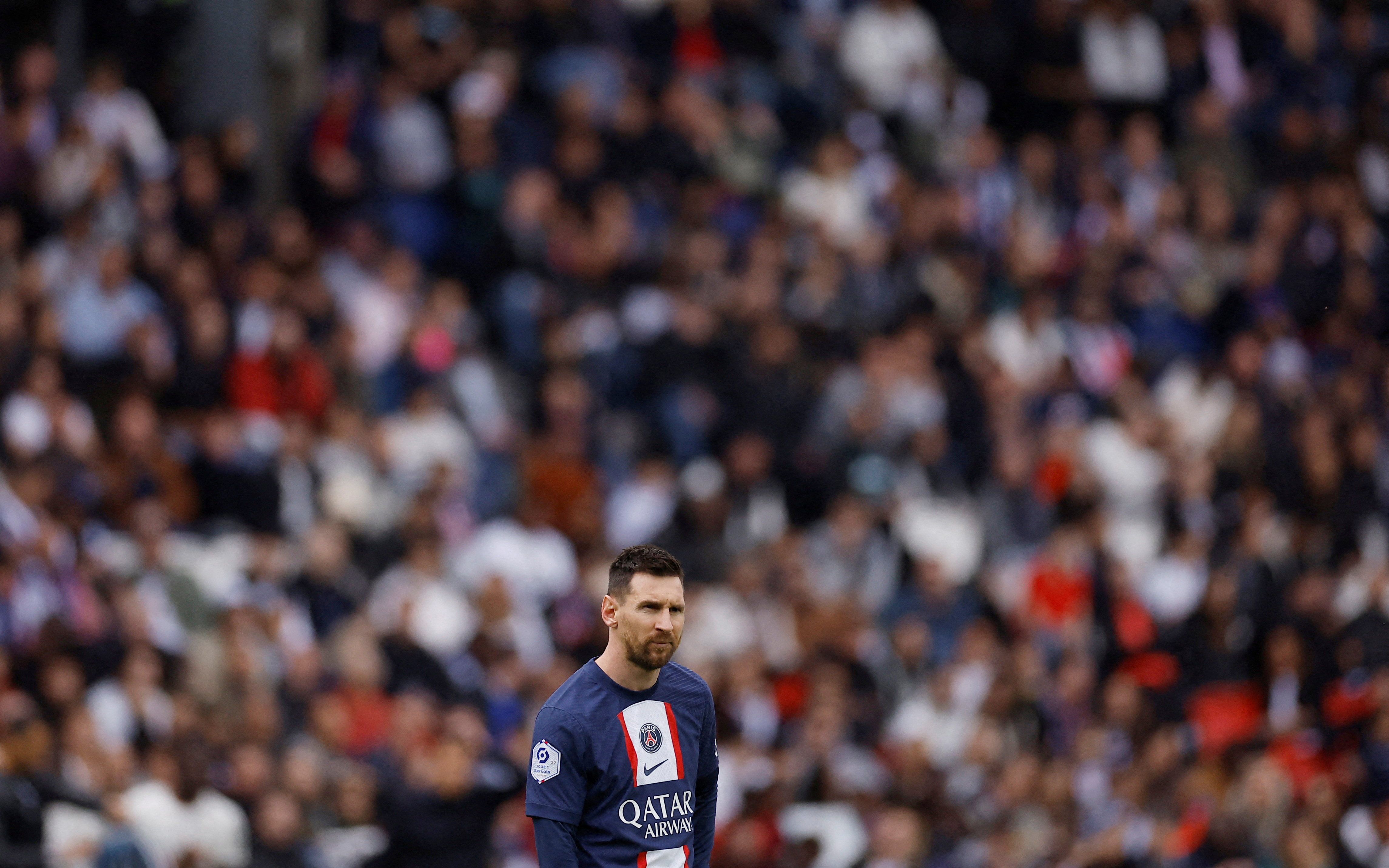 FILE PHOTO: Soccer Football - Ligue 1 - Paris St Germain v Lorient - Parc des Princes, Paris, France - April 30, 2023 Paris St Germain's Lionel Messi reacts  REUTERS/Christian Hartmann/File Photo