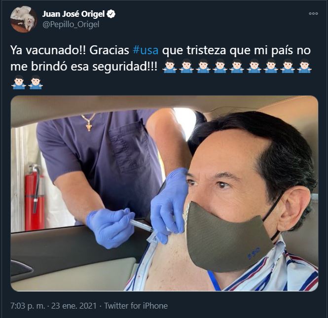 "Pepillo" publicó una fotografía del momento en el que le inyectaron la vacuna (Captura de pantalla: Twitter)