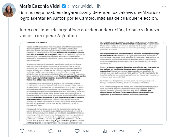 La ex gobernadora bonaerense publicó la carta en su cuenta de Twitter 