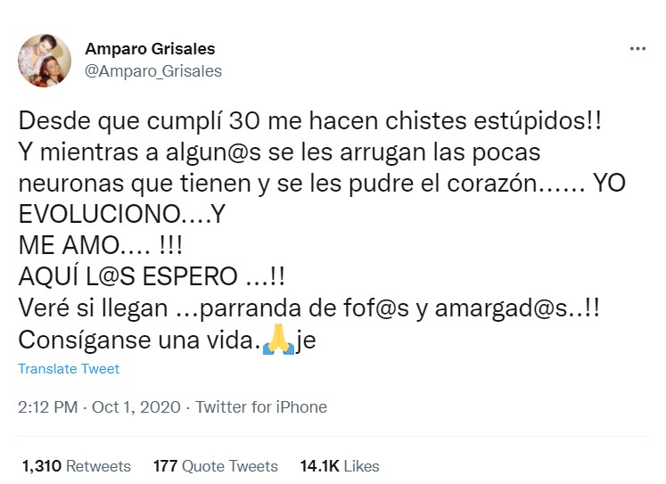 Amparo Grisales responde a las críticas por su edad. Foto: Twitter @Amparo_Grisales