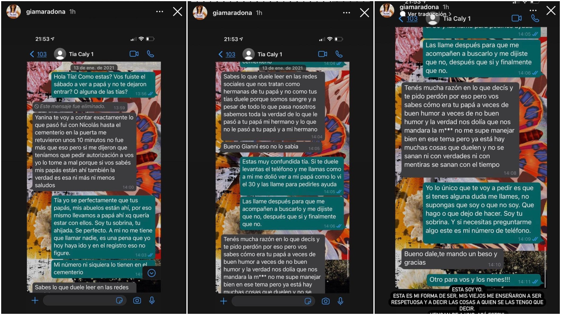 La hija de Diego compartió las capturas del chat en su Instagram