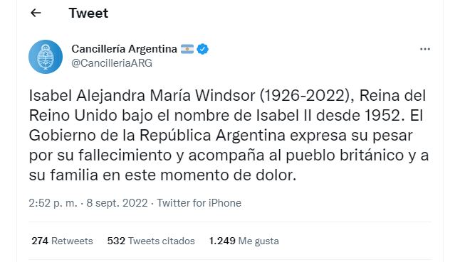 El comunicado de Cancillería Argentina tras la muerte de la Reina Isabel II