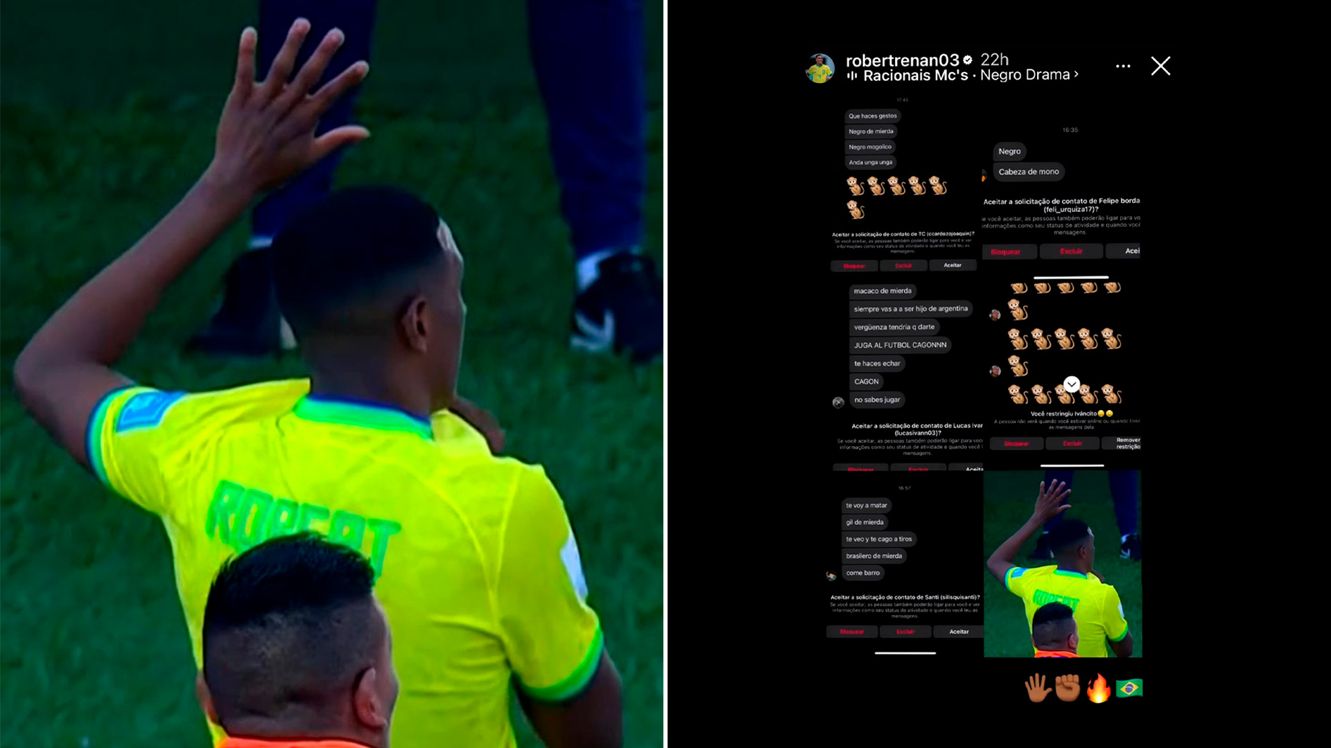 Los mensajes racistas que recibió el futbolista brasileño que les hizo gestos a los hinchas argentinos tras ser expulsado