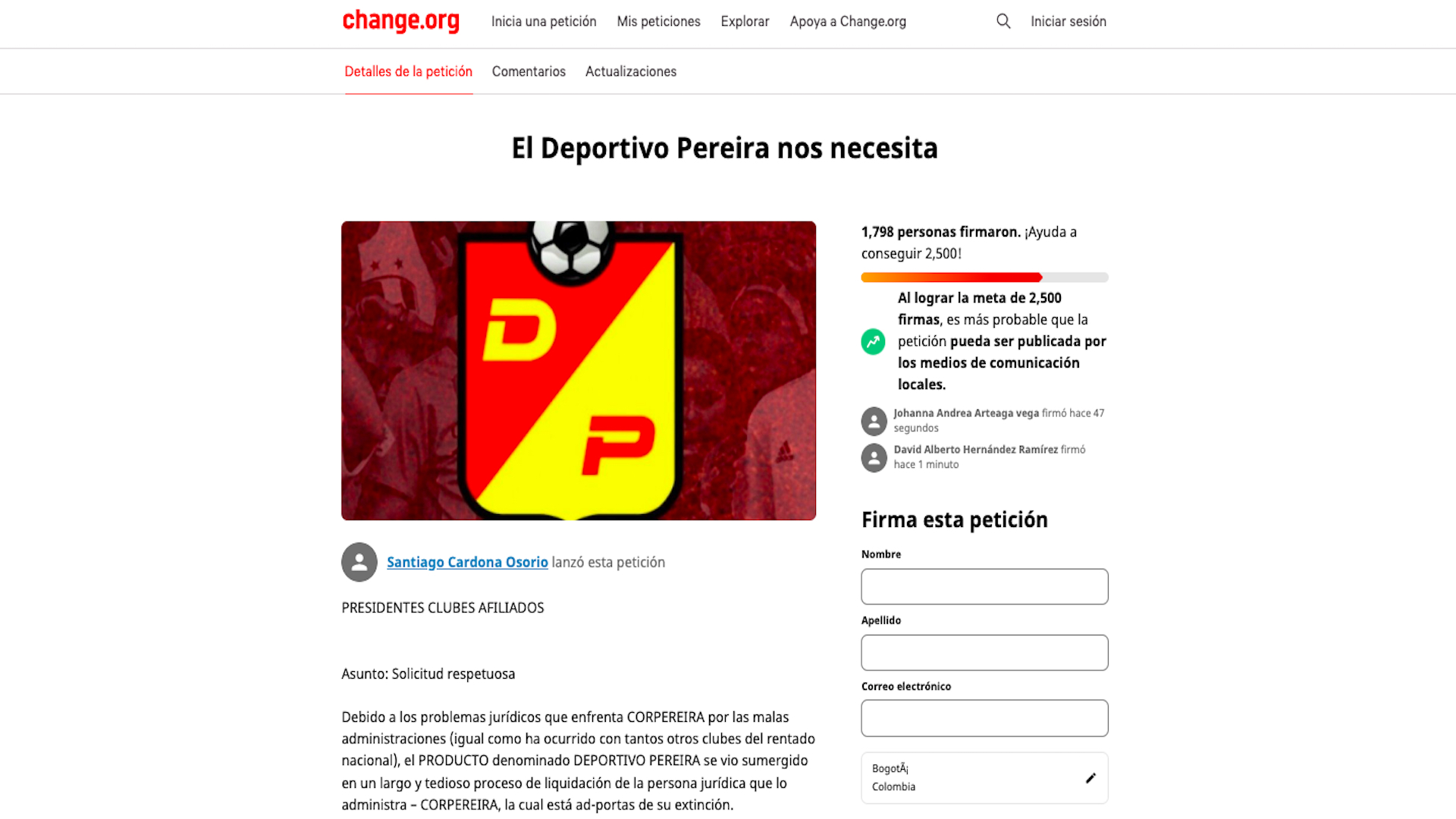 Petición para salvar a Deportivo Pereira en 2023 / (Change.org)