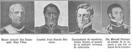 Díaz Vélez, Balcarce, Forest y Dorrego, algunos de los oficiales claves en la victoria patriota (Ilustración revista Caras y Caretas)