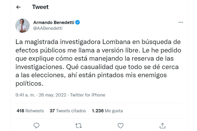 Armando Benedetti en Twitter
