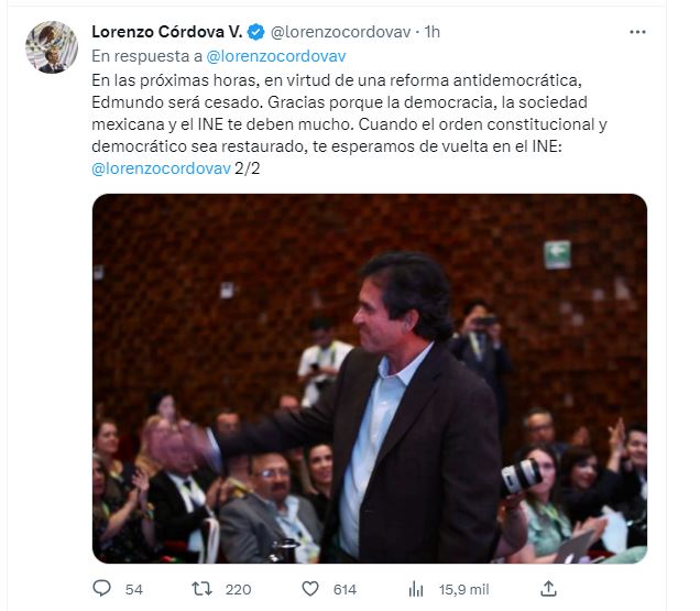 Lorenzo Córdova envió mensaje a Edmundo Jacobo Molina por su salida del INE (Twitter)