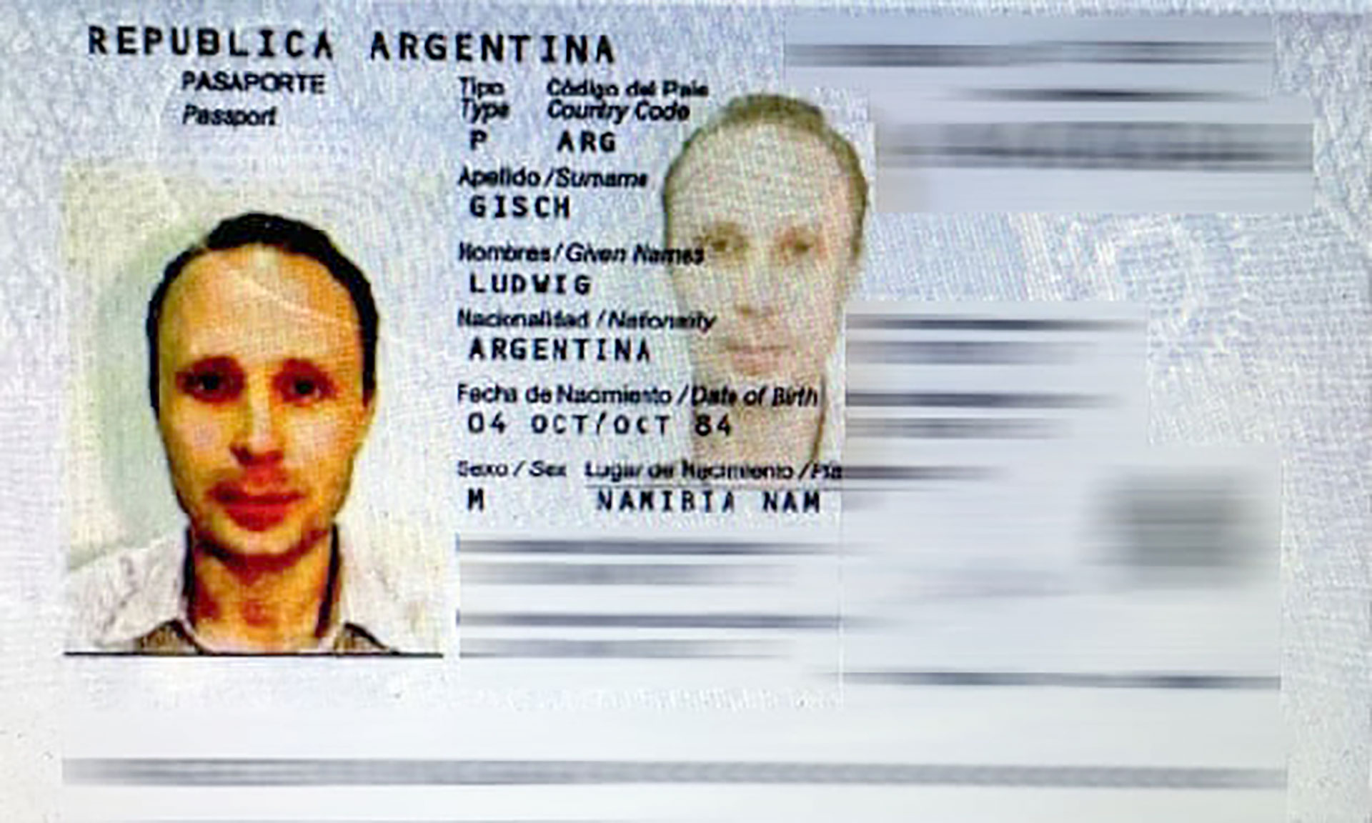El pasaporte argentino de Gisch, nacido en Namibia
