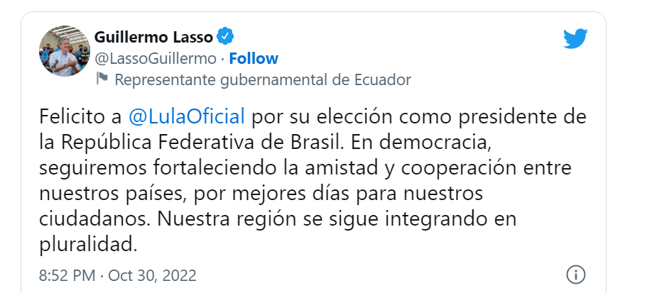El mensaje publicado por el presidente ecuatoriano, Guillermo Lasso