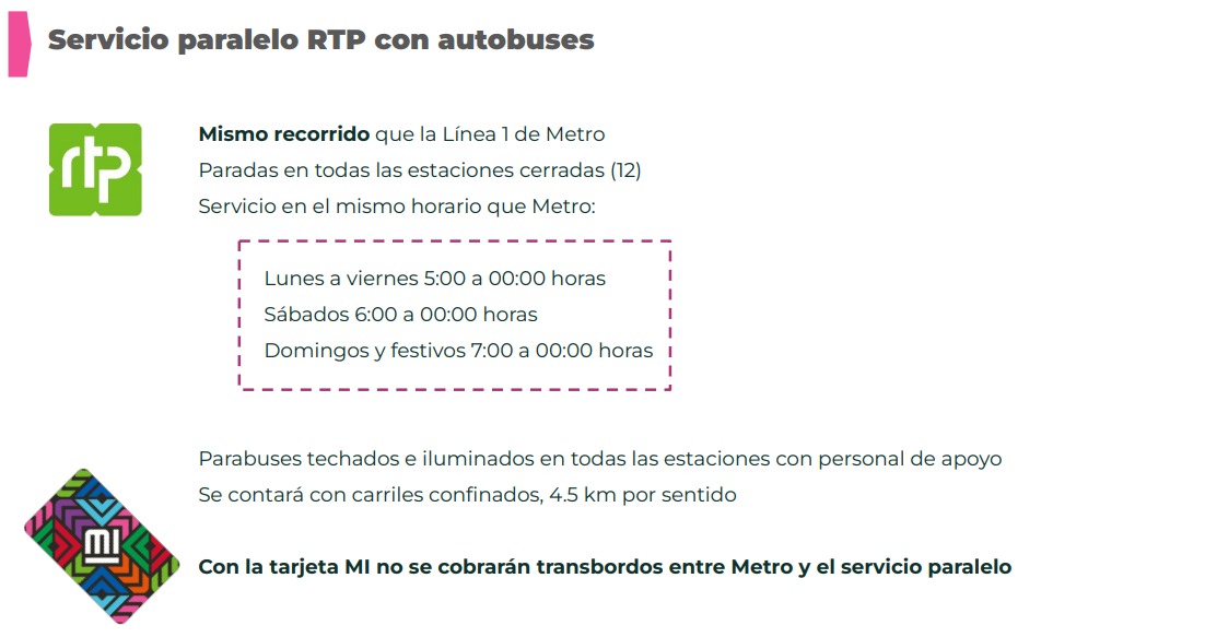 Como servicio de apoyo, se implementarán 220 unidades de RTP que harán paradas en las estaciones que permacenerán cerradas de la Línea 1 (Foto: Twitter@MetroCDMX)