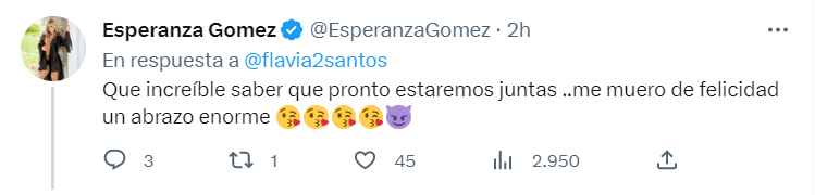 Esperanza Gómez le responde a Flavia Dos Santos en Twitter. / Foto captura @flavia2santos