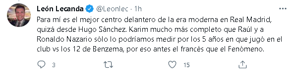 León Lecanda señaló a Benzema como el mejor delantero de la era moderna en Real Madrid (Foto: Captura Twitter)